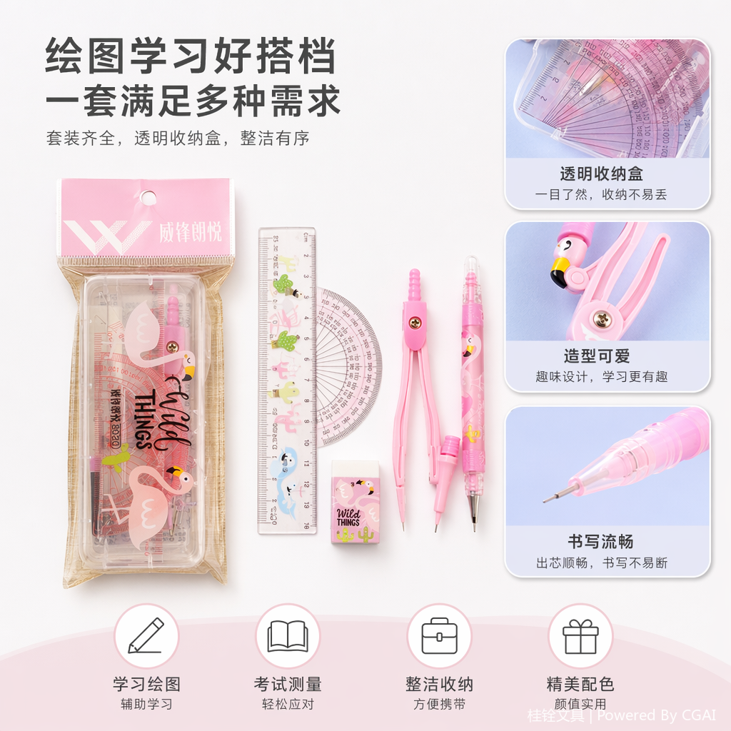 Wild THINGS火烈鸟透明塑料文具套装五件套学生尺子圆规铅笔