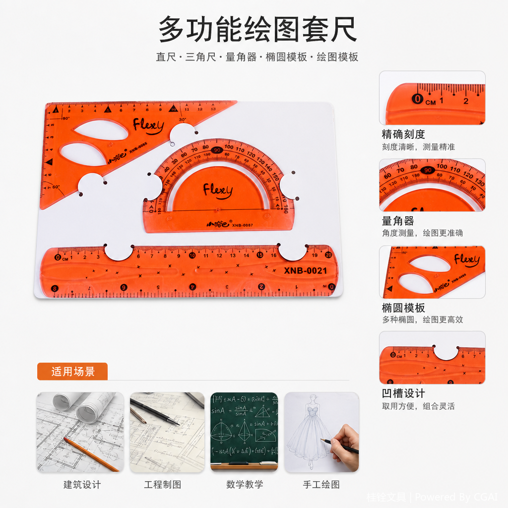 橙色透明角度尺量角器直尺组合套装图