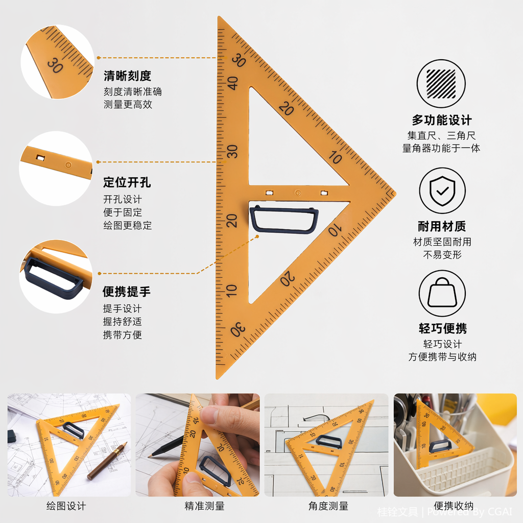 橙色三角透明直尺40CM 学生文具麻将推牌尺