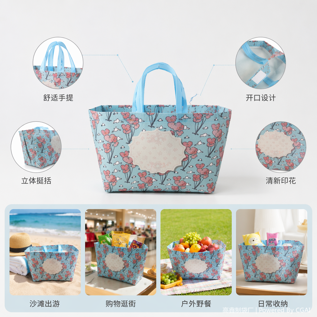 蓝色花卉图案透明塑料手提袋礼品打包袋