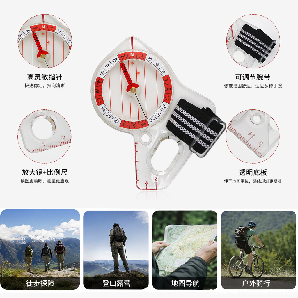 户外战术测距指南针透明外壳罗盘指北针