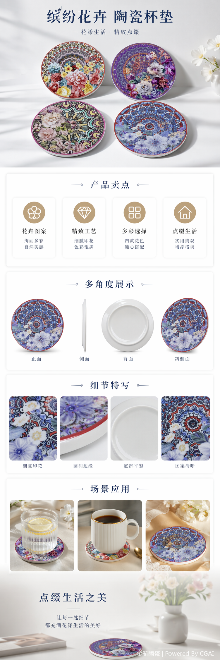 四款彩色花卉曼陀罗图案圆形杯垫其他茶具详情1