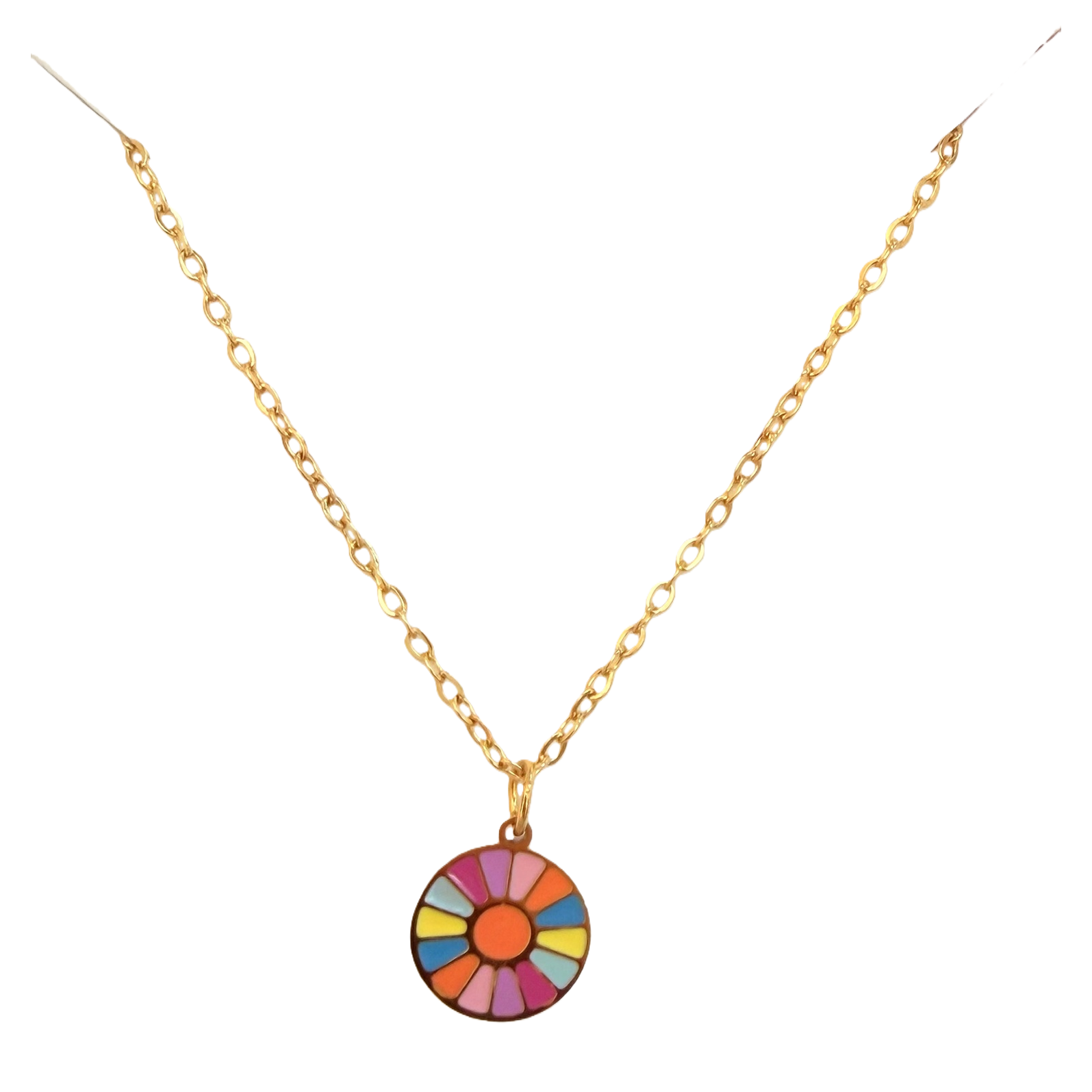 Rainbow fan-shaped disc oil-dripping stainless steel necklace, dopamine colorful vacation style outfit, bright color, niche and not easy to fade collarbone chain Item Picture