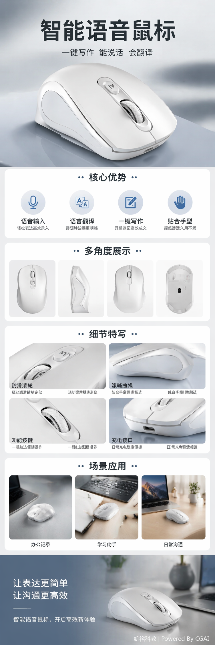 foozacAI鼠标智能写作语音打字翻译无线蓝牙充电便携电脑笔记本办公通用 pic 1