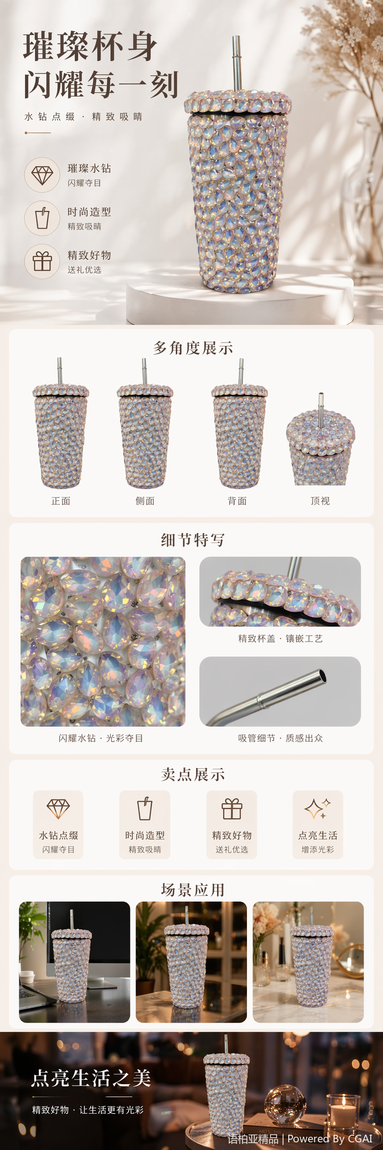 粉色浮雕陶瓷马克杯镶嵌水滴形水晶装饰夏季正版IP不锈钢详情1