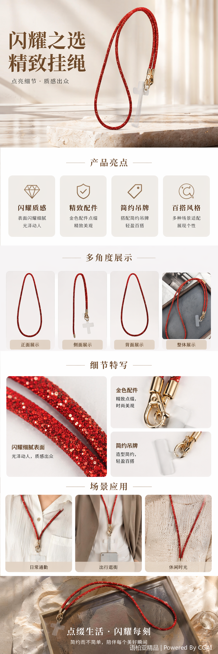 红色镶钻手机挂绳斜跨短款手腕绳男女通用防丢链详情1