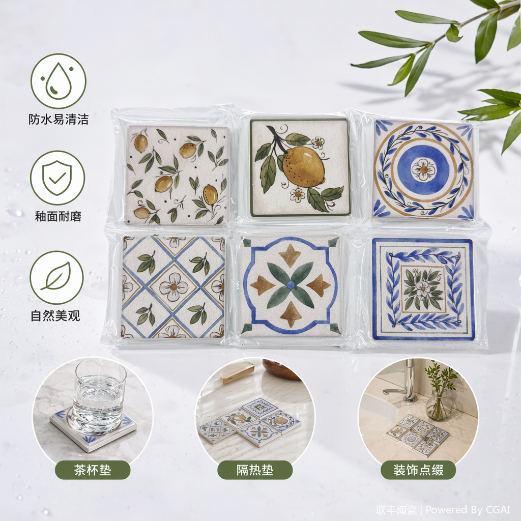 复古风方形冰箱贴六款装柠檬花卉几何纹样墙裙油烟纸