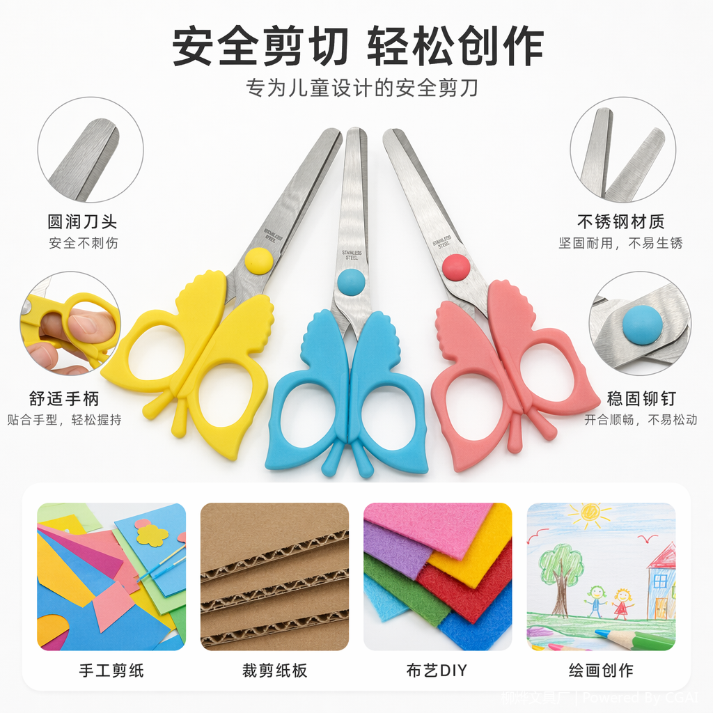 彩色蝴蝶造型儿童安全剪刀 其他剪刀 圆头设计 适合幼儿园使用