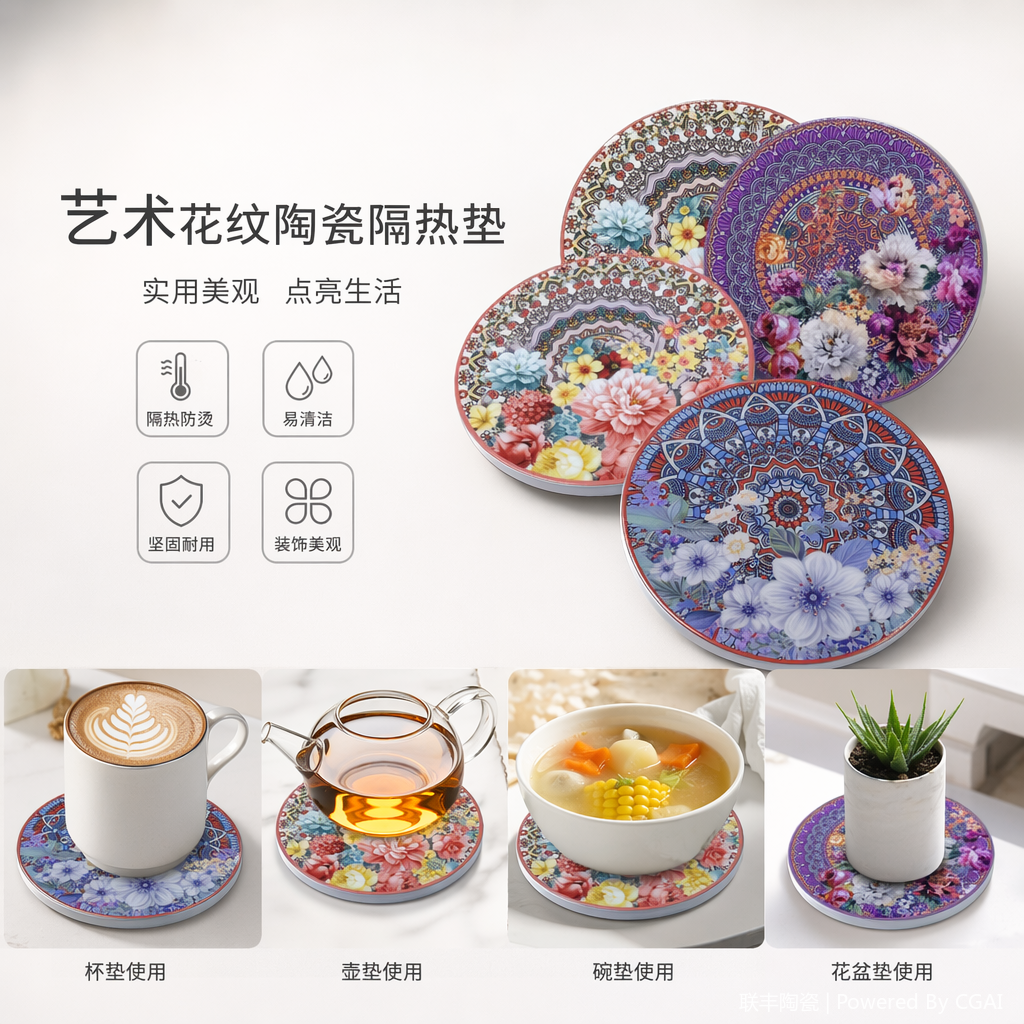 四款花卉曼陀罗图案圆形杯垫其他装饰框架