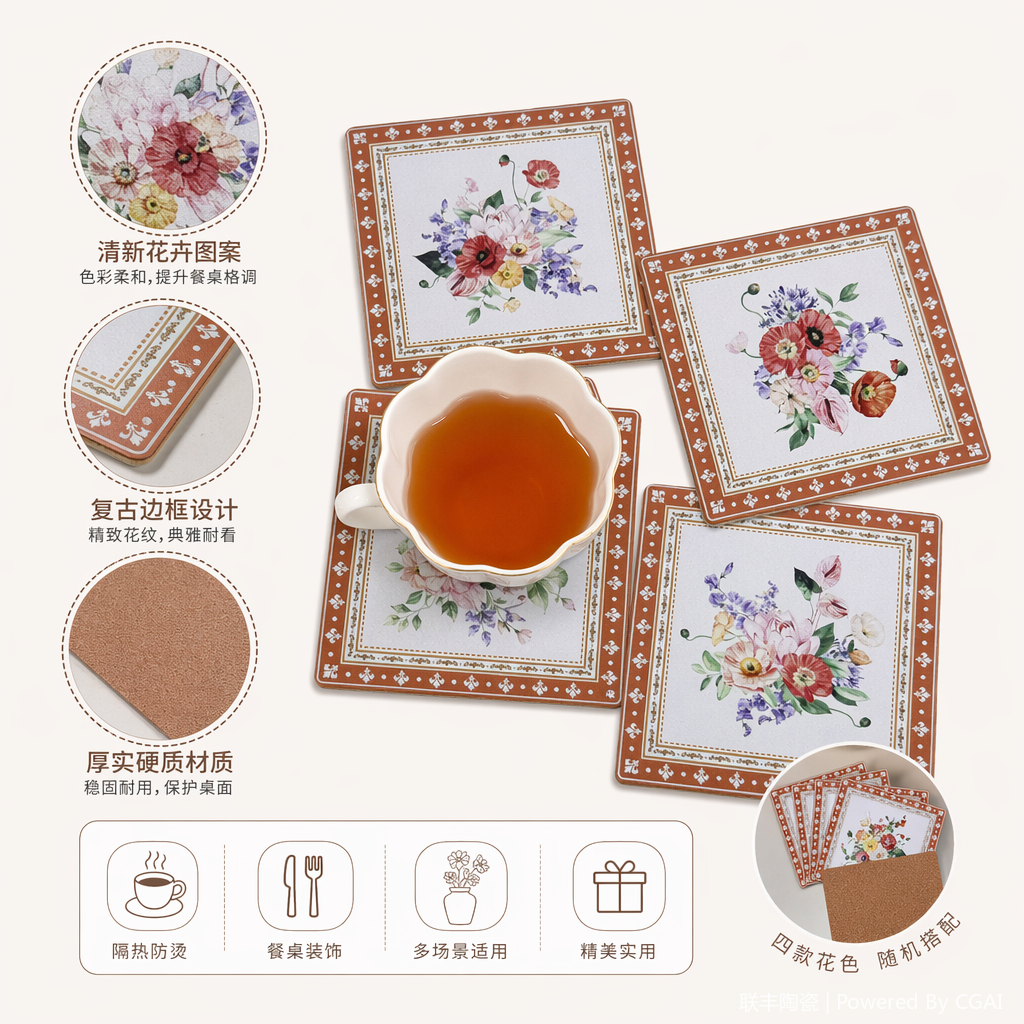 布艺工艺品四张花卉图案杯垫布艺粽子手工工艺品