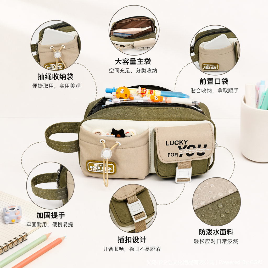 彩色拼接笔袋橄榄绿紫色橙色LUCKY FOR YOU抽绳小袋UV软膜 Specification image