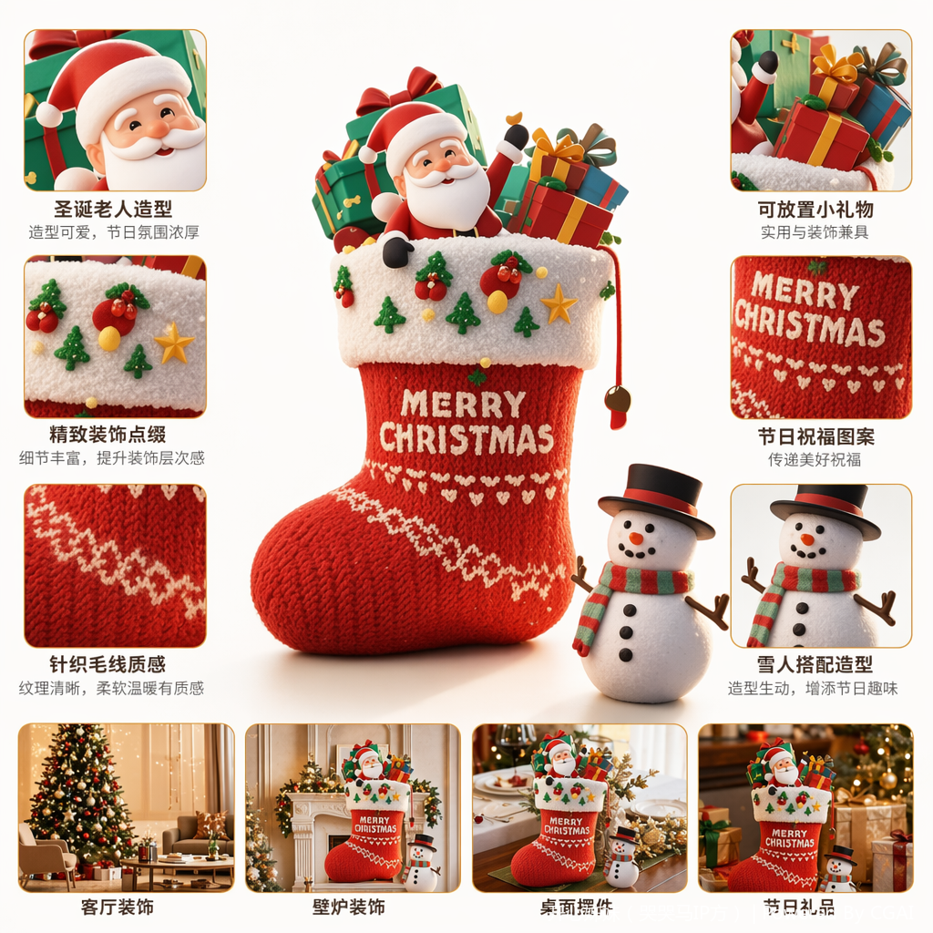 红色圣诞袜带彩灯绒毛饰MERRY CHRISTMAS绣花圣诞老人玩偶礼盒抱枕