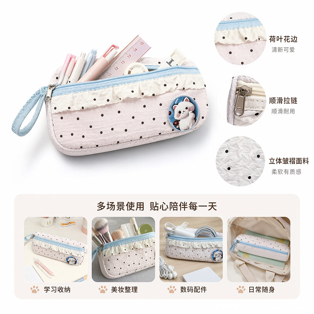 收纳袋女童蕾丝边波点卡通笔袋学生文具铅笔袋 details Picture