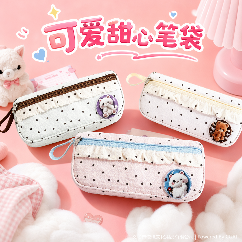 收纳袋女童蕾丝边波点卡通笔袋学生文具铅笔袋 Specification image