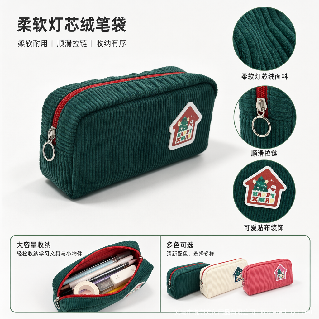 彩色灯芯绒圣诞房屋贴纸笔袋 米白深绿玫红三色长方形笔袋 details Picture