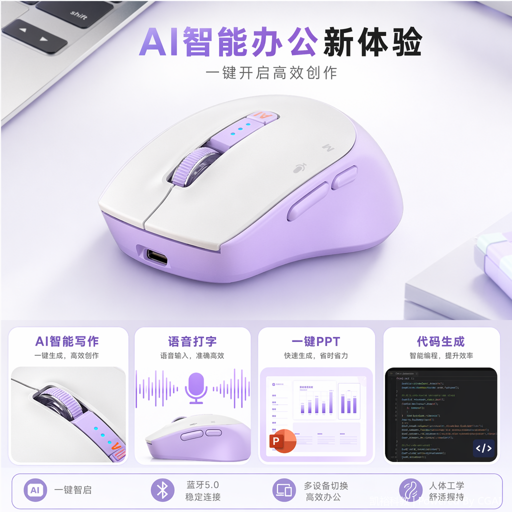 foozacAI智能鼠标M20无线蓝牙充电鼠标人工智能语音打字写作PPT翻译绘图