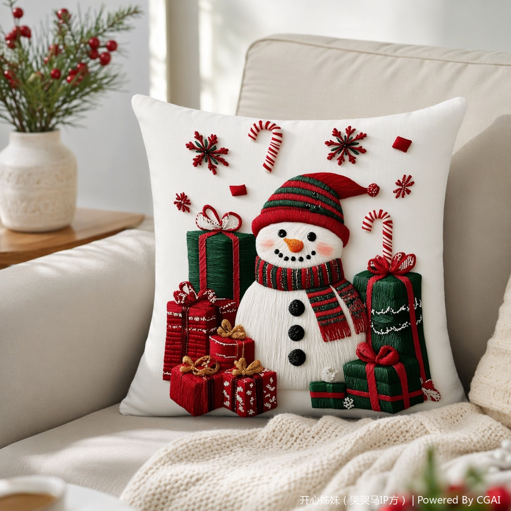 A white three-dimensional embroidered snowman Christmas gift pillow with a custom-made Tibetan tufted cushion details Picture