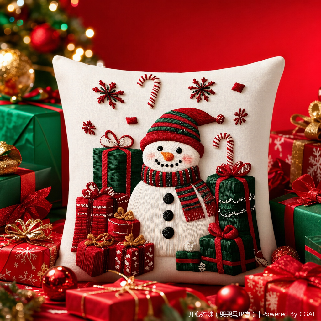 A white three-dimensional embroidered snowman Christmas gift pillow with a custom-made Tibetan tufted cushion Specification image