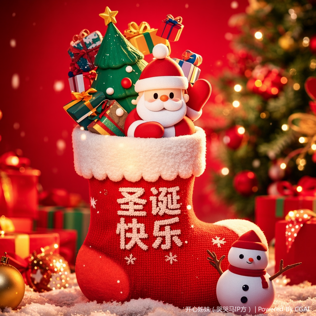 红色圣诞袜带 Merry Christmas 字样 袜口白绒毛配圣诞老人雪人玩偶 抱枕图