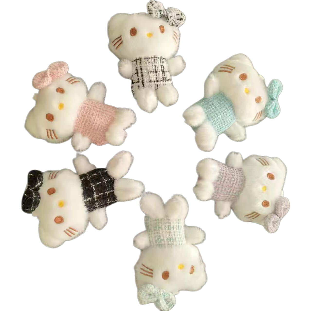 Little Chanel-style clothes, kt cat plush toys, schoolbags, keychains, pendants, decorations, cute cartoon and anime merchandise wholesale, white plush Hello Kitty group portrait dolls, plush dolls, stuffed toys Item Picture