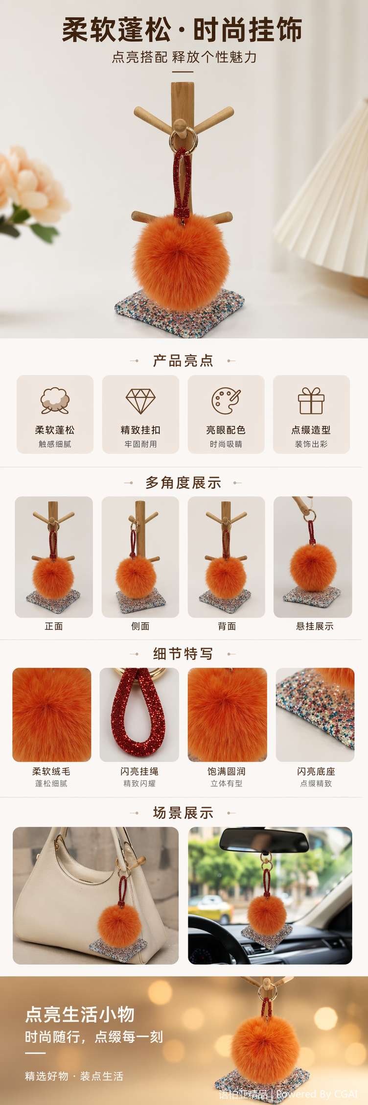橙色毛绒球公仔钥匙扣毛绒挂件项链锁扣详情1