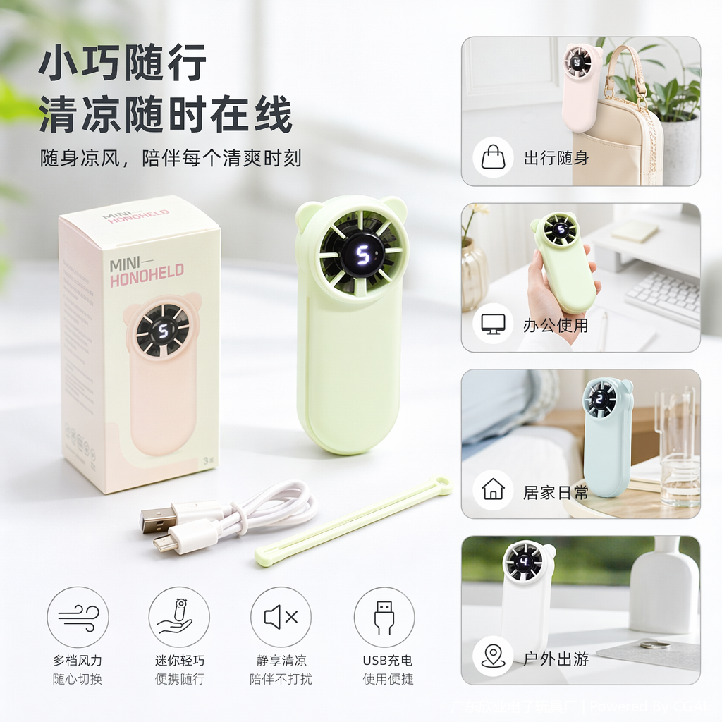 Cute cartoon digital display color handheld mini fan