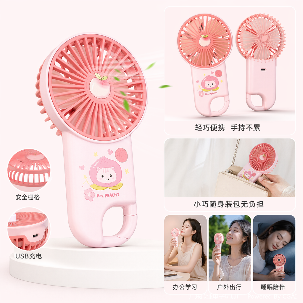 Colorful cartoon mini handheld charging fan with cat peach and dog pear patterns, long-lasting small fan
