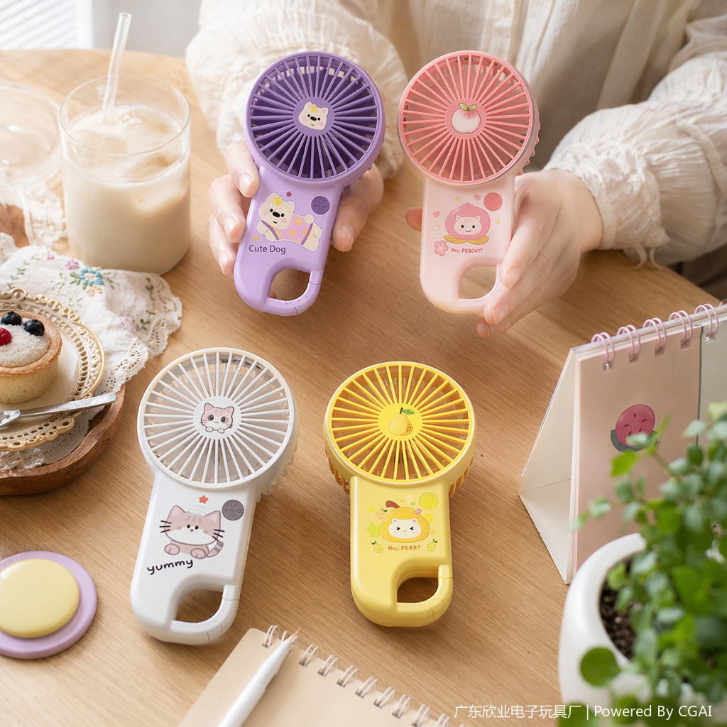 Colorful cartoon mini handheld charging fan with cat peach and dog pear patterns, long-lasting small fan details Picture