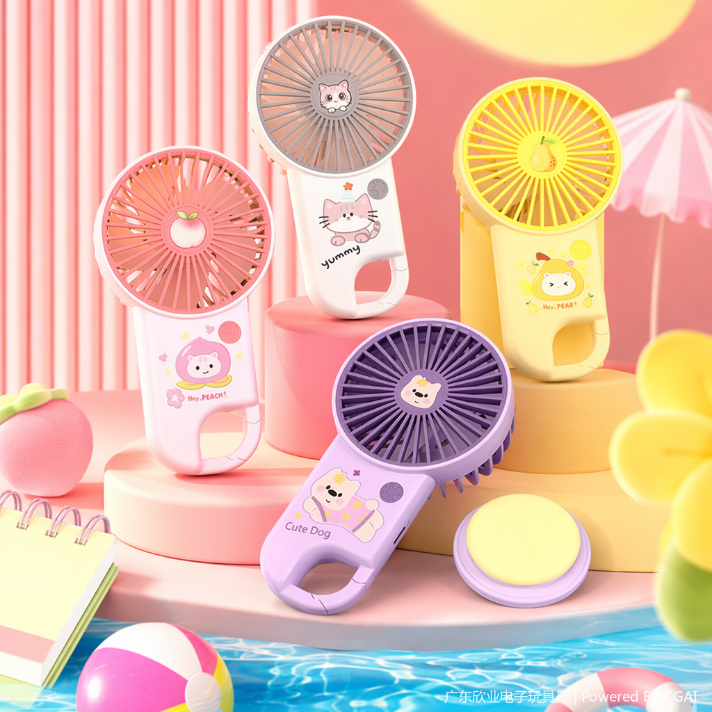 Colorful cartoon mini handheld charging fan with cat peach and dog pear patterns, long-lasting small fan Specification image