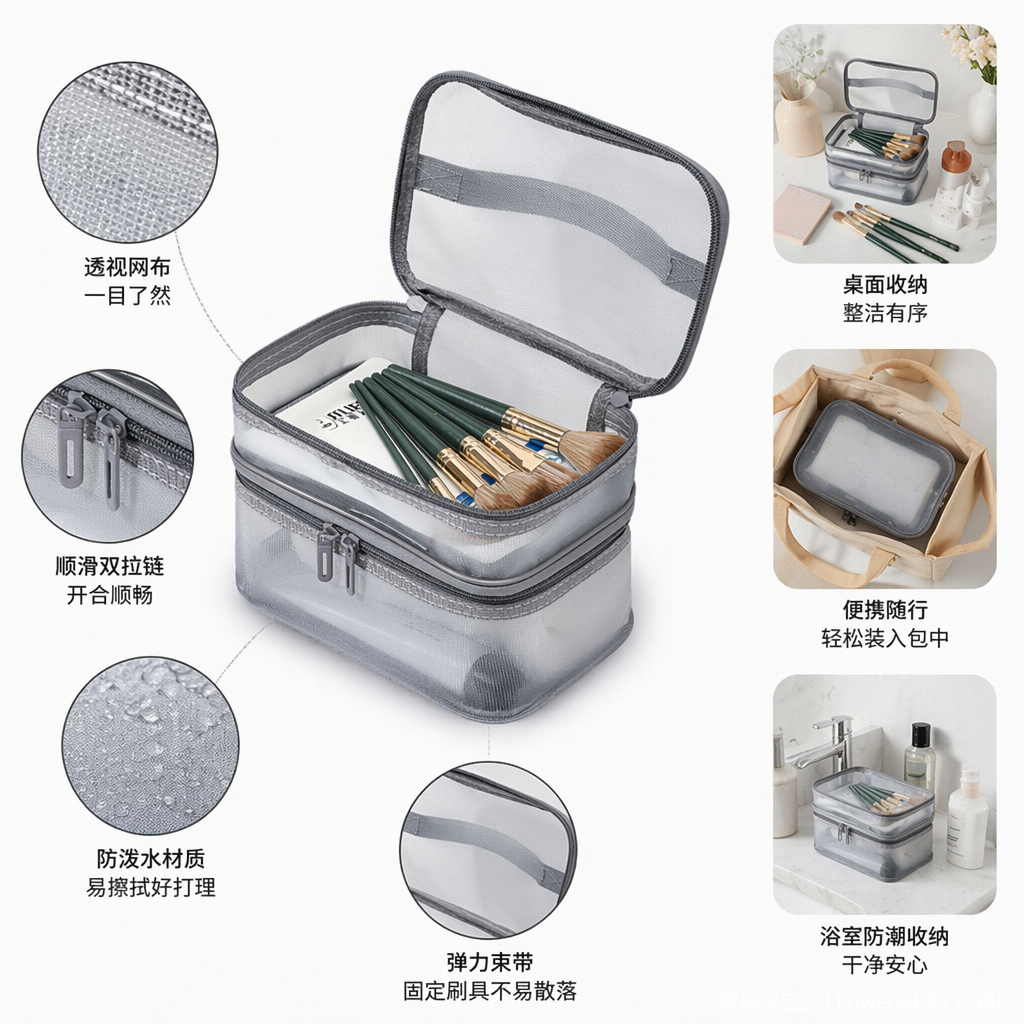 Wholesale of new cross-border mesh makeup bags, travel cosmetics storage bags, large-capacity double-layer mesh toiletries bags