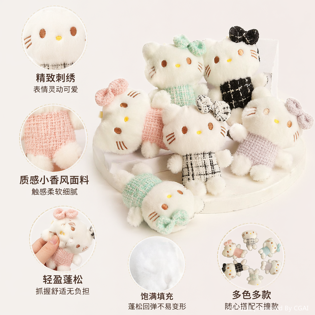 Little Chanel-style clothes, kt cat plush toys, schoolbags, keychains, pendants, decorations, cute cartoon and anime merchandise wholesale, white plush Hello Kitty group portrait dolls, plush dolls, stuffed toys details Picture