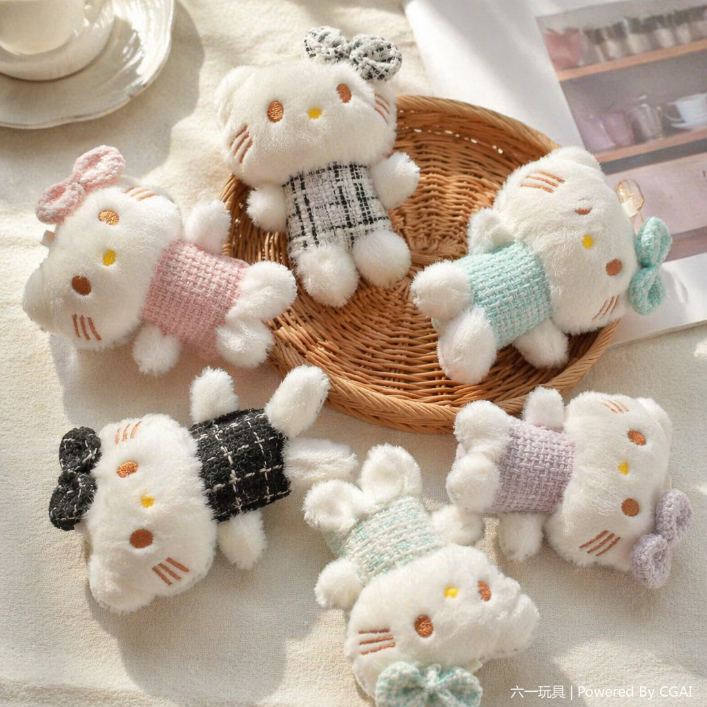 Little Chanel-style clothes, kt cat plush toys, schoolbags, keychains, pendants, decorations, cute cartoon and anime merchandise wholesale, white plush Hello Kitty group portrait dolls, plush dolls, stuffed toys