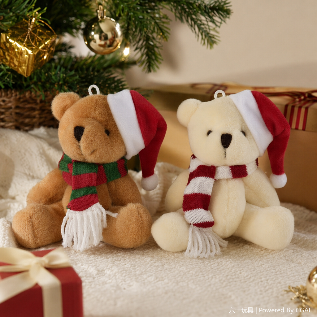 Brown and off-white Christmas bear plush toy, cloth doll, plush toy, 18cm, Christmas bear with scarf, keychain, pendant, decoration, cute cartoon, wholesale for foreign trade, plush toy, Christmas