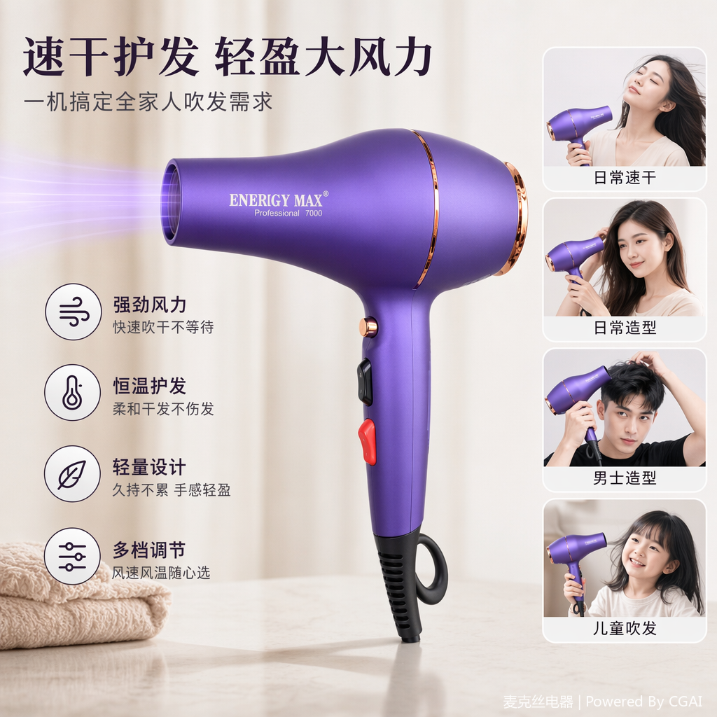 ENERGY MAX紫色电吹风负离子护发家用沙龙吹风机