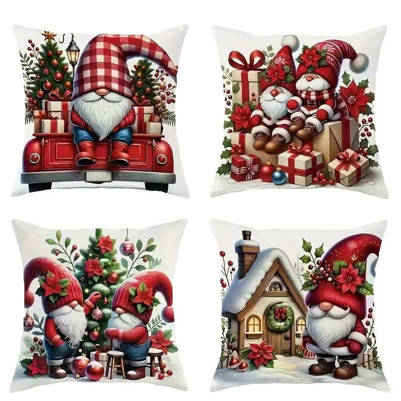 Four GNOMe-patterned red checkered hat snow house Christmas pillows are available as Christmas-themed tufted cushions Item Picture