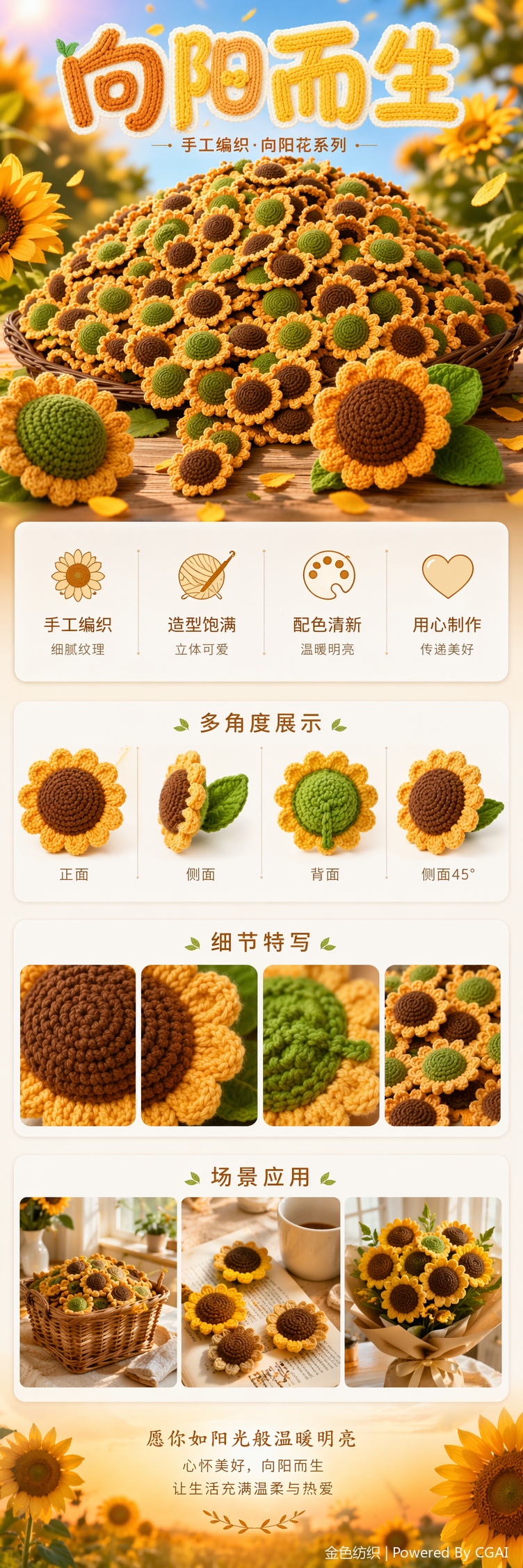 向日葵花头花朵DIY成品 欢迎来图来样定制定做各式手工钩编卡通配饰辅料摆件工艺品制品（量大议价） pic 1