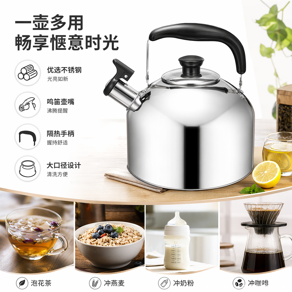 鸣音壶银色不锈钢水壶带盖茶壶厨房家用5L