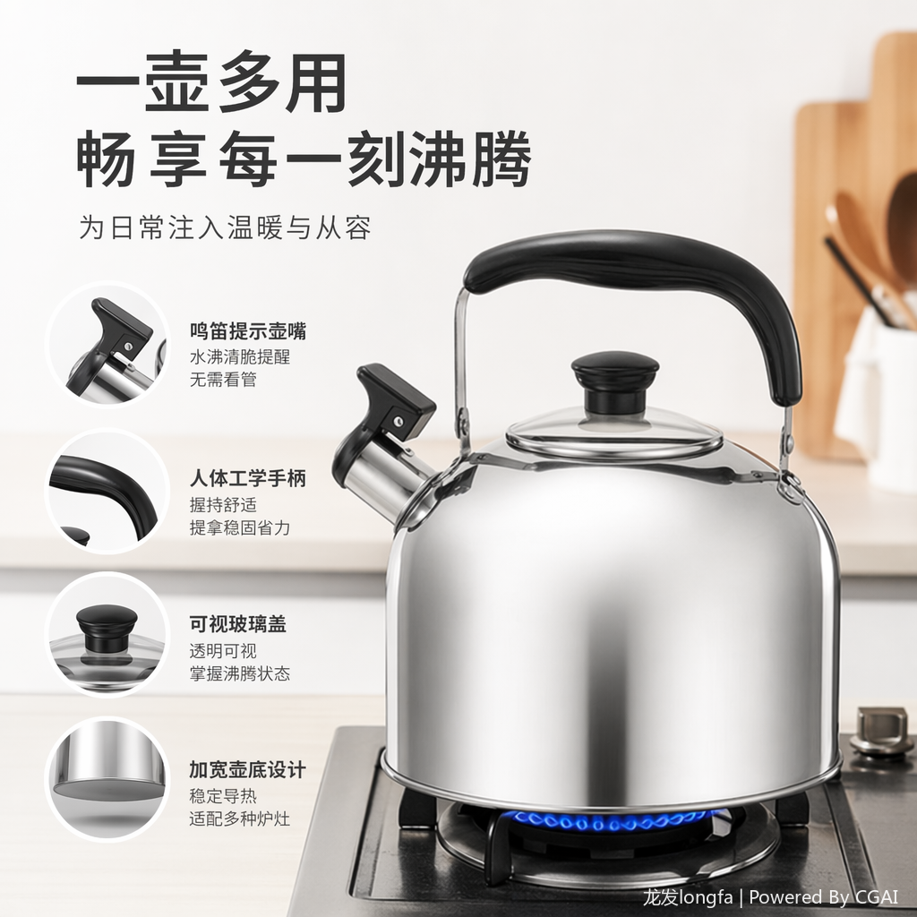鸣音壶银色不锈钢水壶带盖不锈钢盆家用茶壶4L