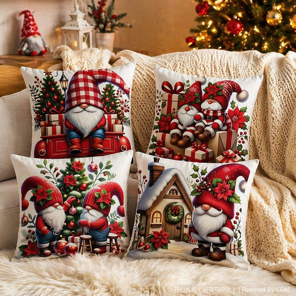 Four GNOMe-patterned red checkered hat snow house Christmas pillows are available as Christmas-themed tufted cushions details Picture