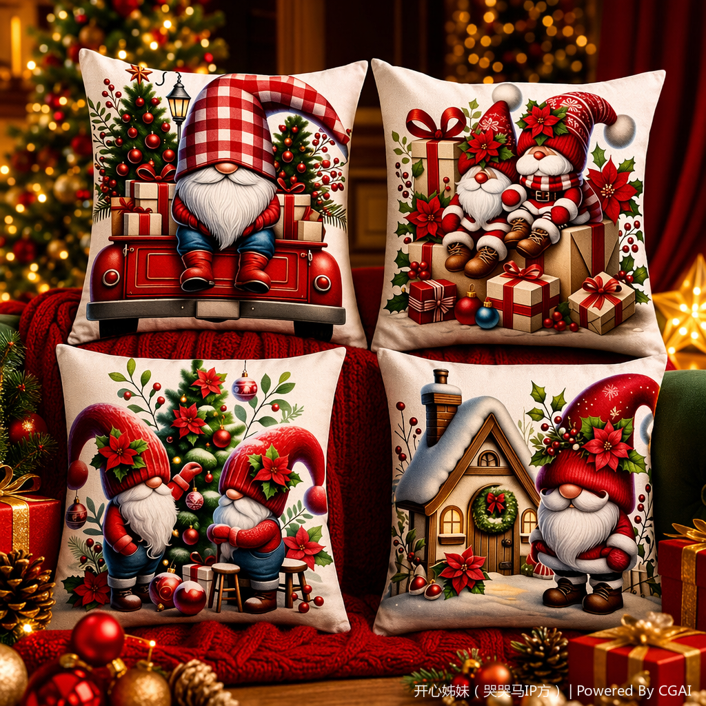 Four GNOMe-patterned red checkered hat snow house Christmas pillows are available as Christmas-themed tufted cushions Specification image