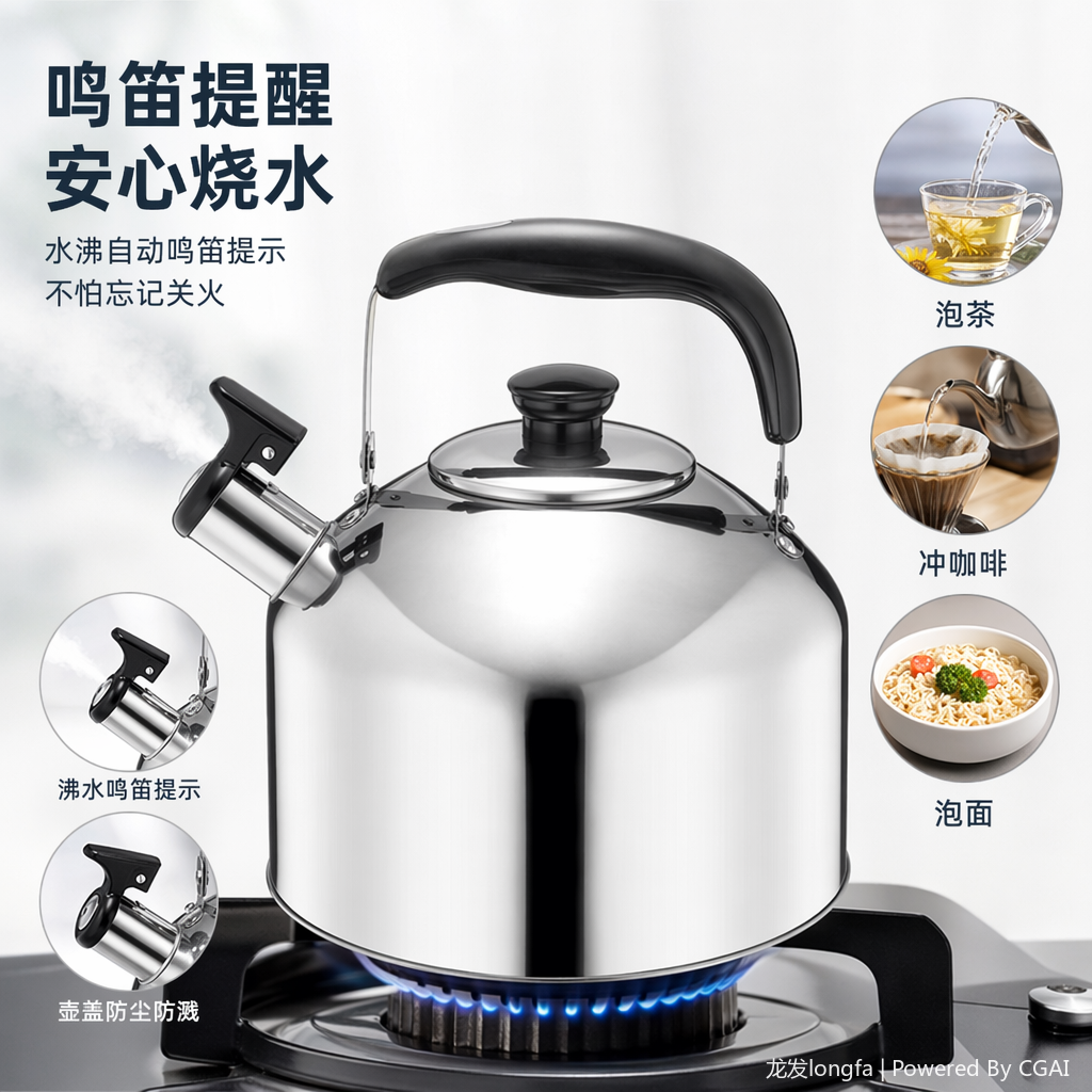 鸣音壶银色不锈钢水壶带盖茶壶盆多功能家用3L本色
