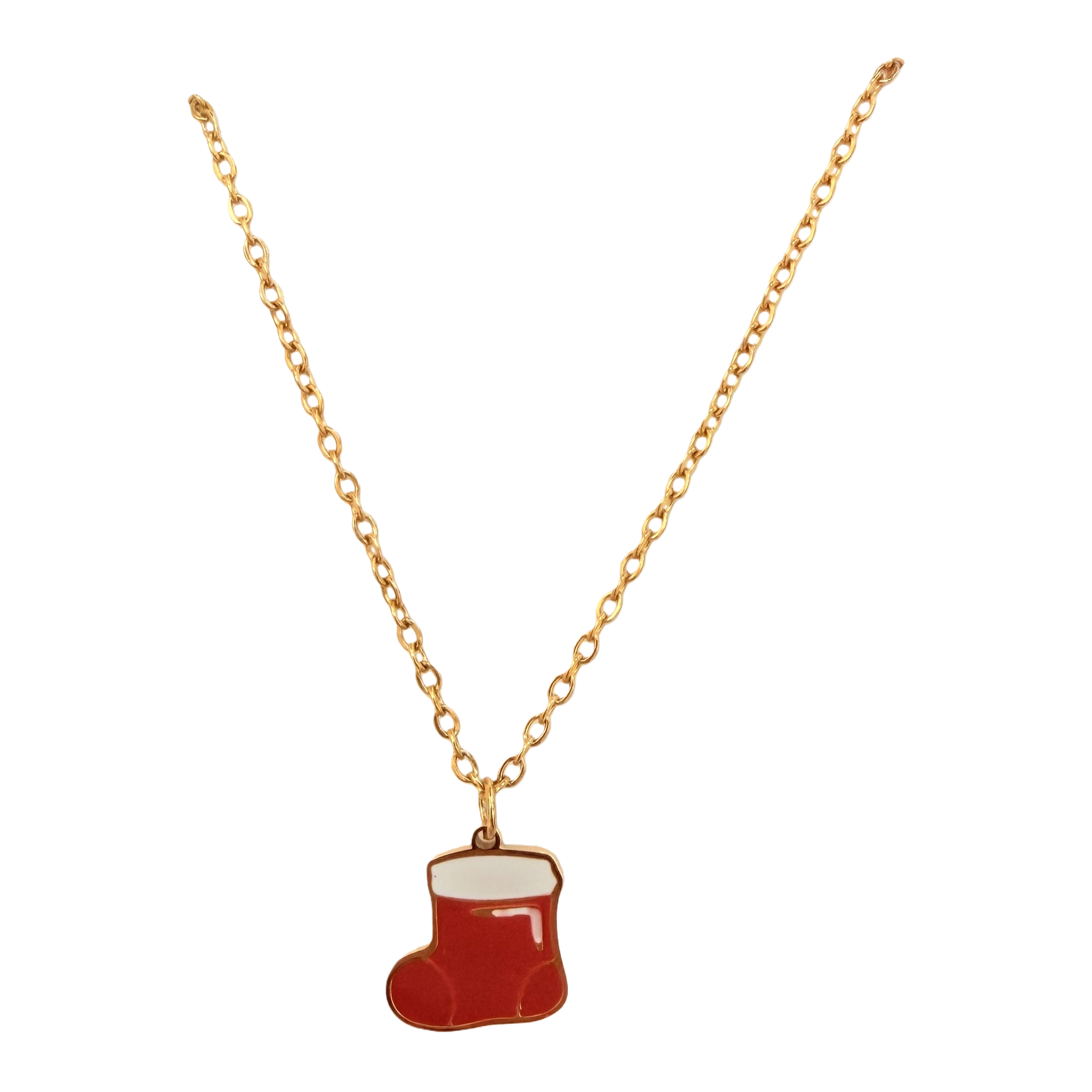 Christmas red sock oil drip pendant necklace, winter festival ins European and American style outfit, niche atmosphere, simple commuting metal decoration necklace Item Picture