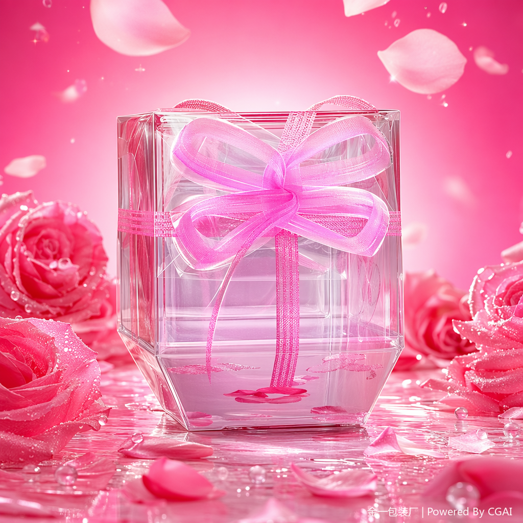 علبة هدايا من الورق الشفاف مع قوس وردي Specification image