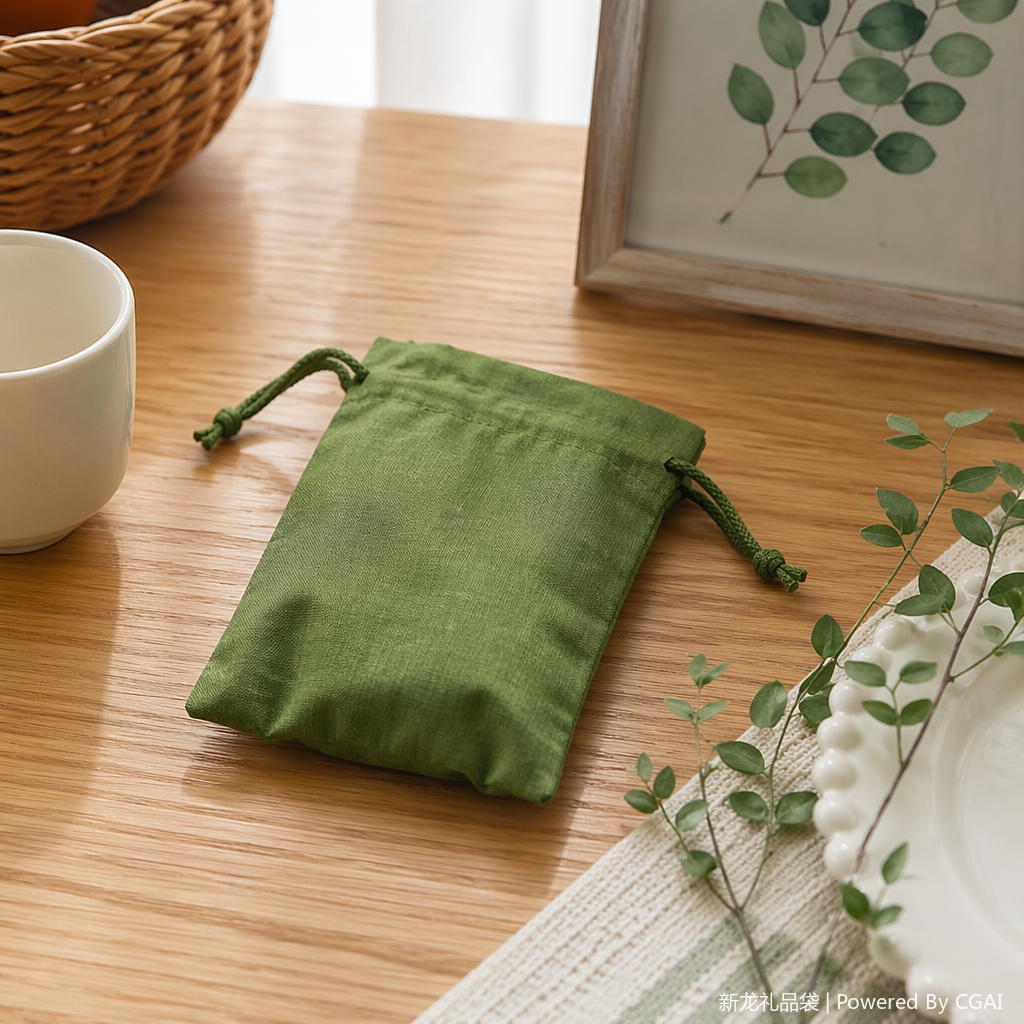 Green silk fabric bag, small storage bag, fashionable and light luxury gift packaging bag details Picture
