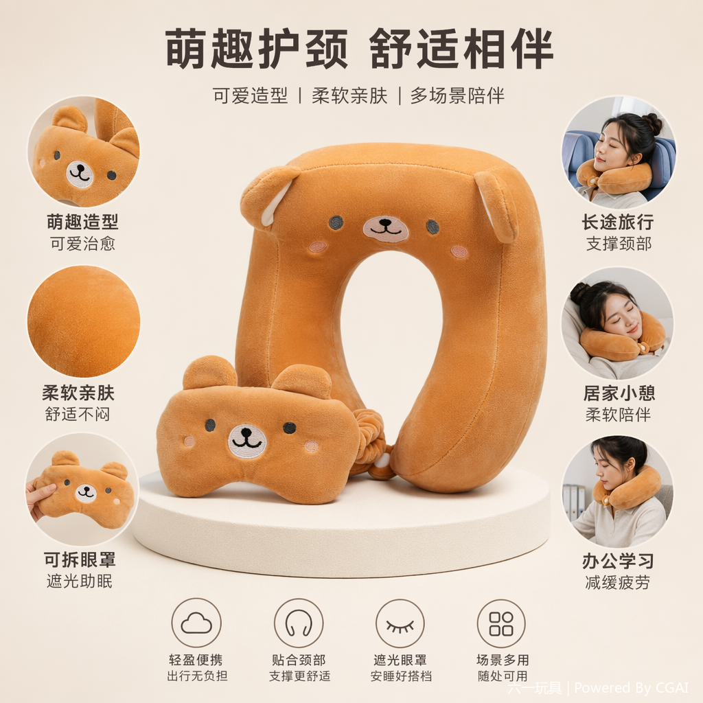 眼罩卡通双峰U型枕戴眼罩舒服颈枕护颈脖靠枕出差旅行枕头批发ins Specification image