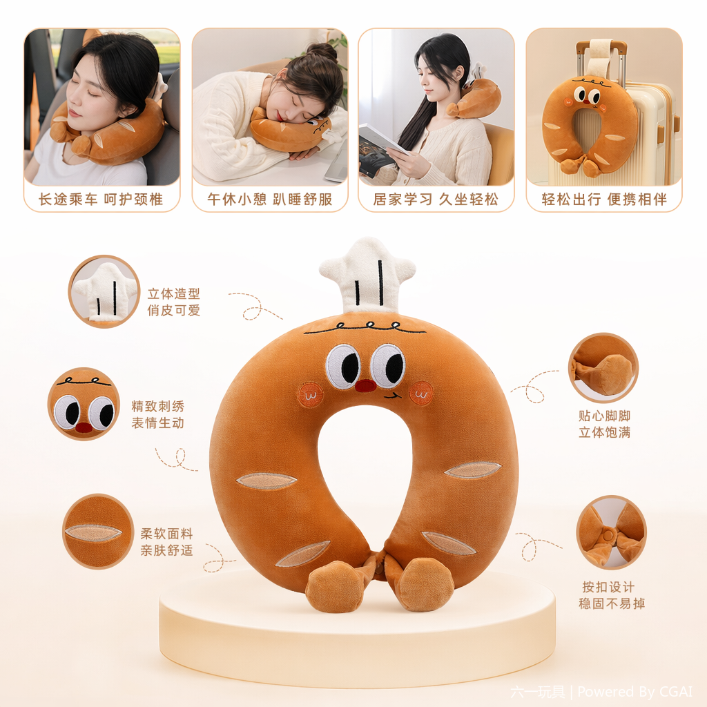 饼干颈枕卡通儿童午睡枕舒服U型枕记忆棉护颈枕头现货外贸批发ins棕色面包造型U型枕带厨师帽可爱表情 充气颈枕记忆棉 Specification image