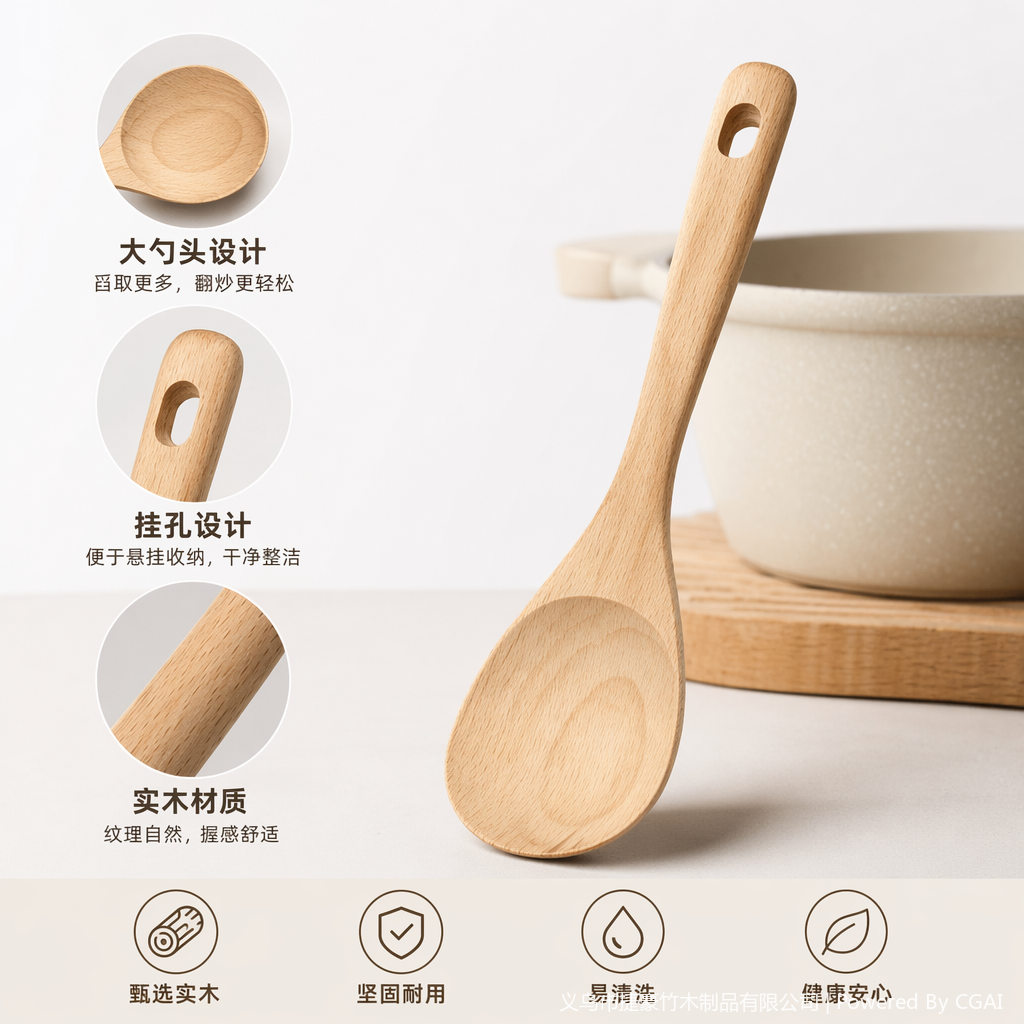 Jiehao natural beech wood spoons, kitchen-specific soup spoons, household rice spoons, long-handled solid wood spoons