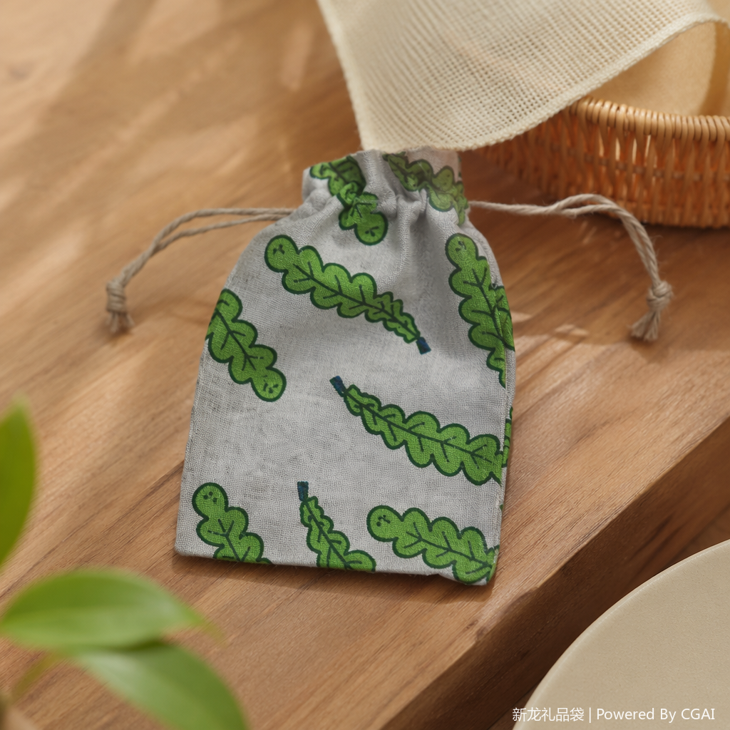 Green leaf-patterned cotton and linen hand-held cloth bag flood prevention and confidential shipping packaging bag details Picture