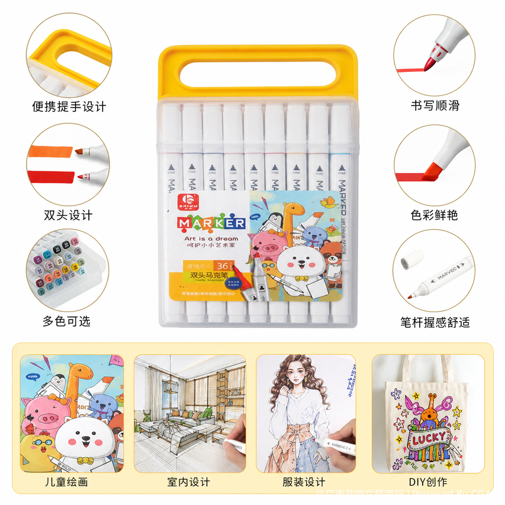 白色水性马克笔三角笔杆绘画笔小学生用水彩笔