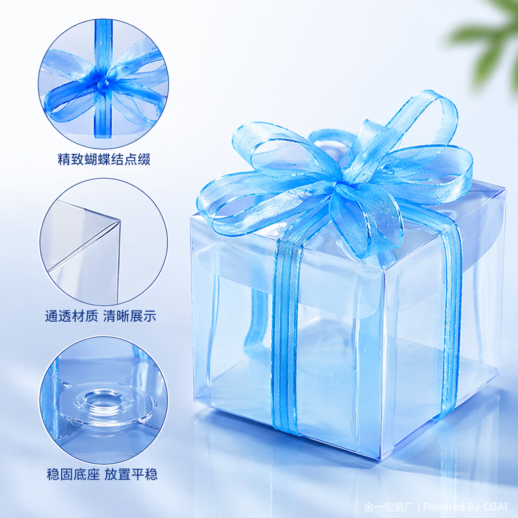 Blue ribbon decorated transparent gift box, souvenir, running lighting items, festival packaging